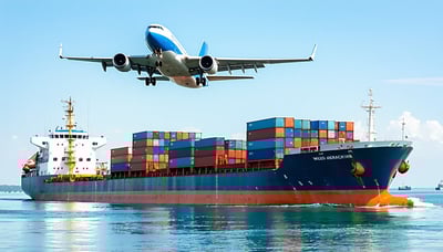 Ilustración de un barco, avión y camión simbolizando el transporte multimodal de mercancías